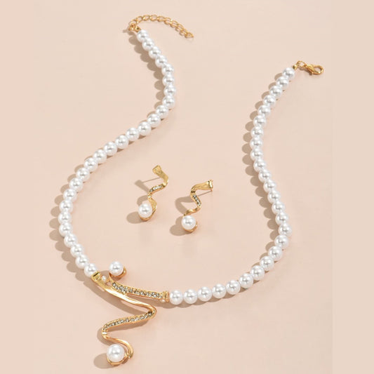 Elegant Pearl & Wavy Gold Tone Statement Necklace Set Earrings Pendant Two-piece Set Graceful Personality Pearl Combination