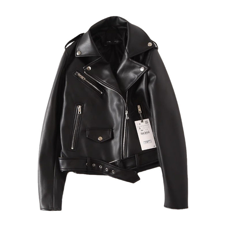 Black PU Leather Zip Jacket For Women's