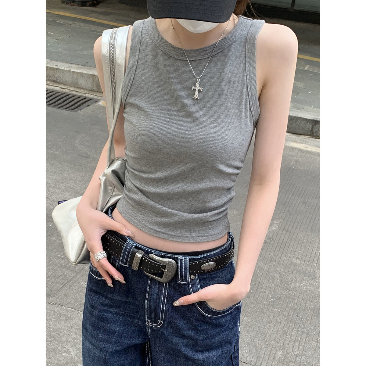 Waist Pleated I-shaped Base Ride Sleeveless Outer Wear Hot Girl Style Vest