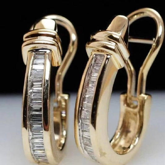 Elegant Gold & Baguette Diamond Hoop Earrings New Retro Exquisite Geometric And Gold Earrings