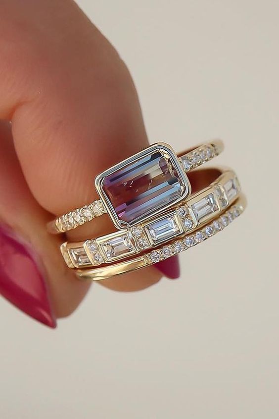 Elegant Two-Tone Gemstone Ring Stack - Unique Engagement/Bridal Set Women's Fashion Diamond Three-piece Set Advanced Personality Ring