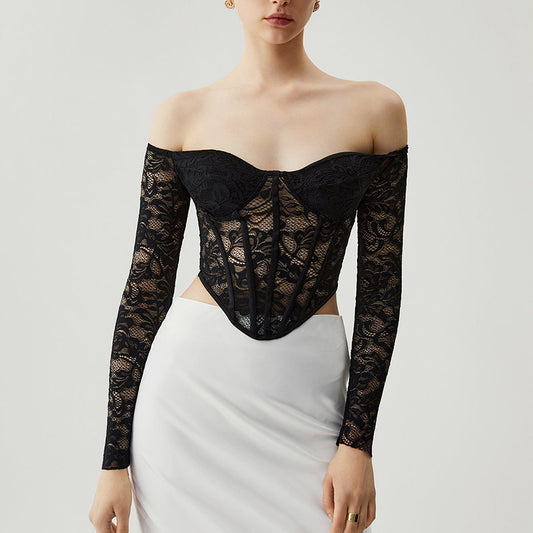 Sheer Lace Off-Shoulder Corset Top Translucent Off-shoulder Tube Top Lace Waist Long Sleeve Fishbone Corset