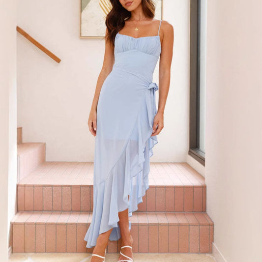 European And American Sexy Women's Sling Backless Ruffles Irregular Dress