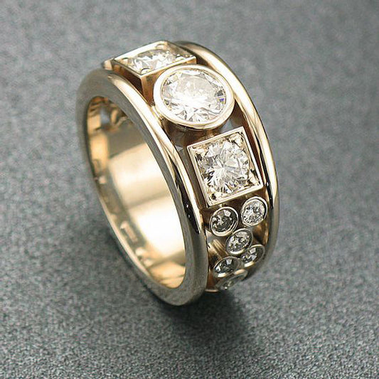 Sparkling Gold & Mixed Cut Gemstone Band Ring Geometric Round And Square Women's Ring