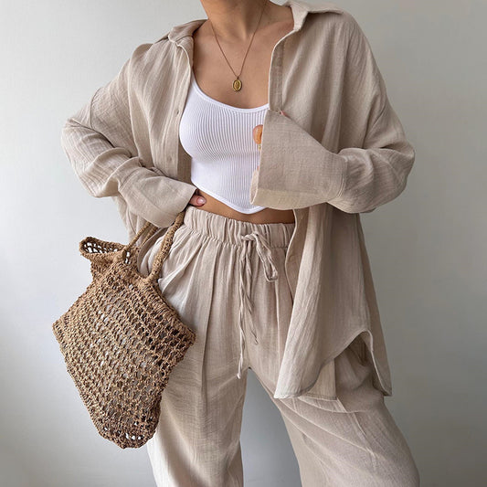 Solid Color Lapel Collar Long Sleeve Shirt & High-Waist Pants Set - Casual Loose Fit Outfit