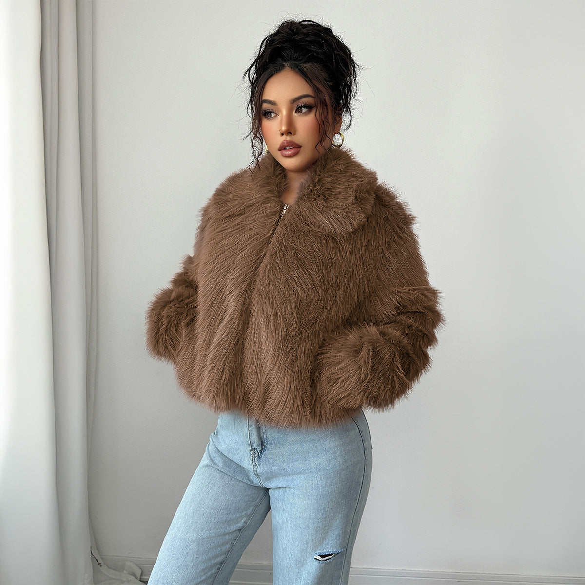 Elegant Elegant Style All-match Fluff Long-sleeved Overcoat Coat For Women