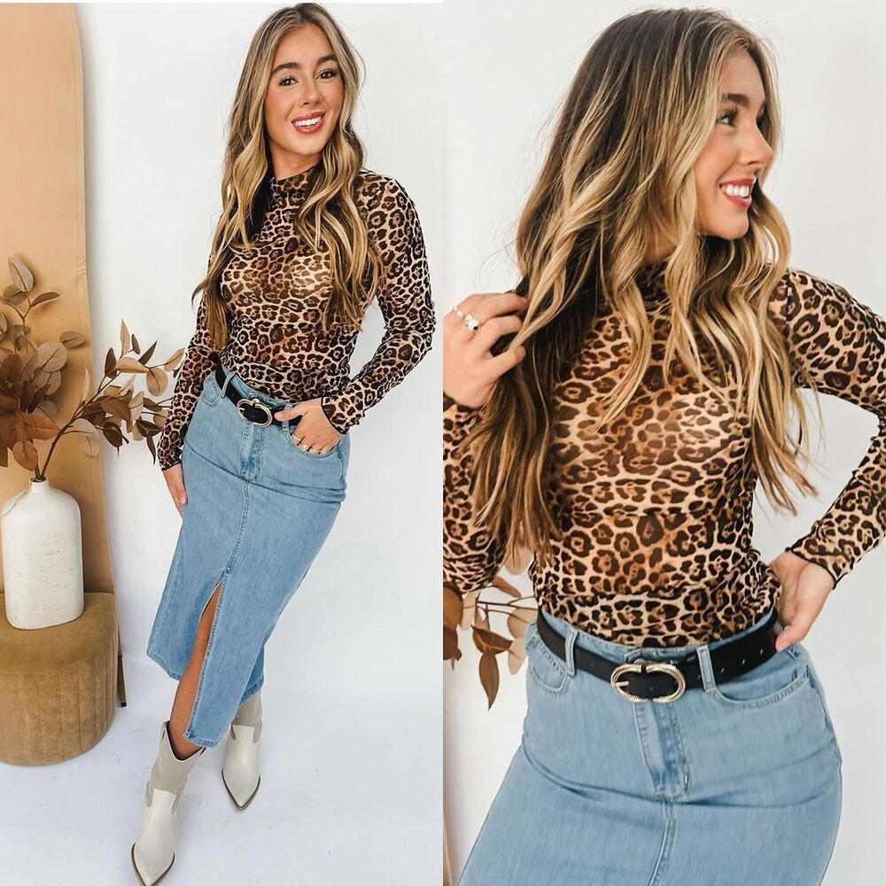 Trendy Leopard Print Mock Neck Long Sleeve Top Mesh Printed Long-sleeved Top Women