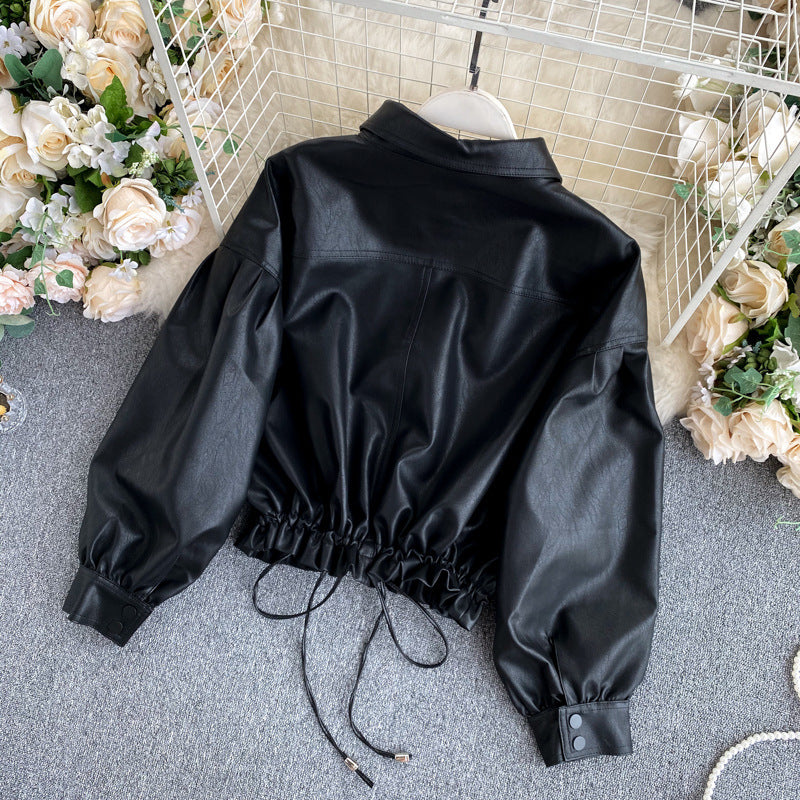 Korean Retro Bf Style Loose Black Leather Jacket For Women's
