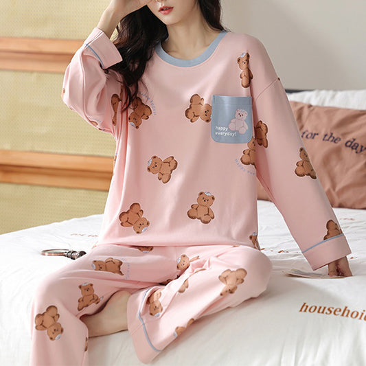 Comfy Women's Cartoon Pattern Sleepwear Set Loose Print Pajamas Women Autumn Winter Pajama Set Long Sleeves And Trousers Elegant Sleepwear Girl Loungewear Home Clothes