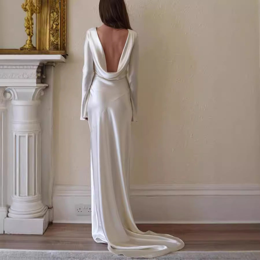 Sexy Backless White Round Neck Satin Party Wear Dress