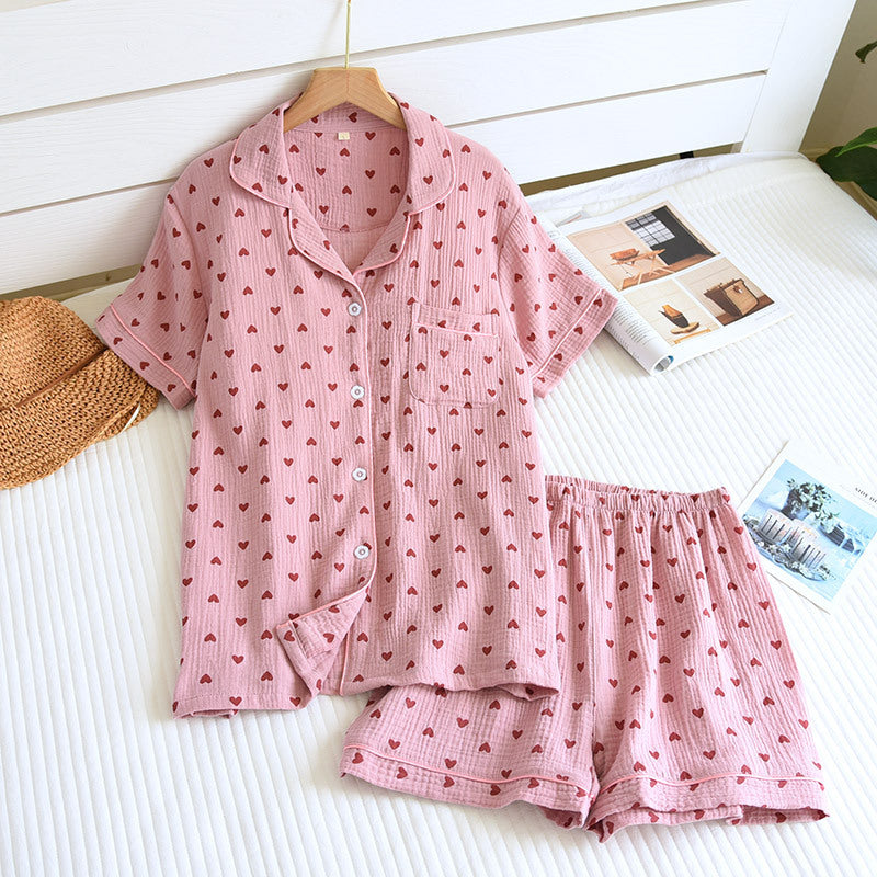 Cute Heart Print / Polka Dot Short Sleeve Pajama Set Double Layer Gauze Home Pajamas