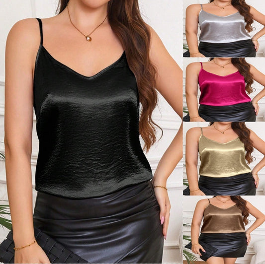 Adjustable Shoulder Strap Satin Sleeveless V-neck Sling Vest