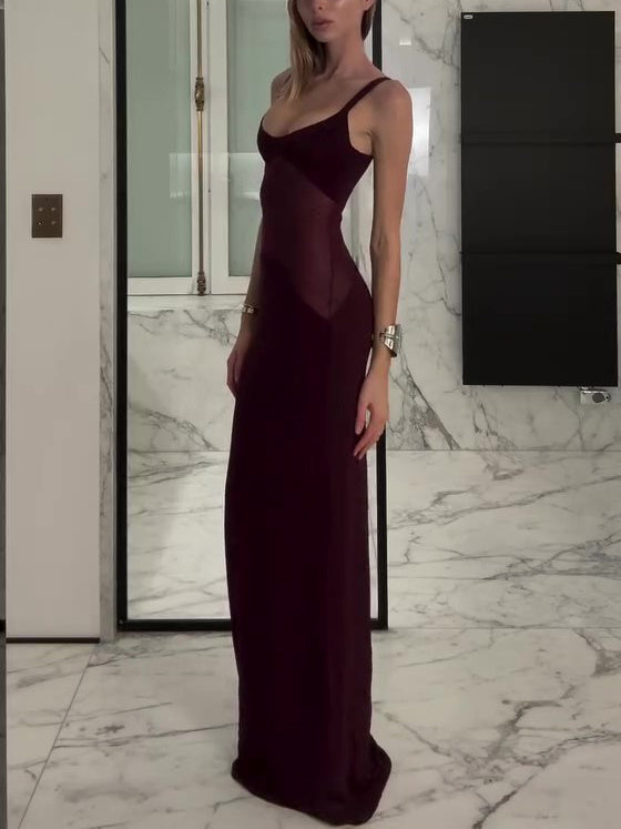 Sophisticated Spaghetti Strap Bodycon Gown Burgundy Mesh Patchwork Suspender Dress