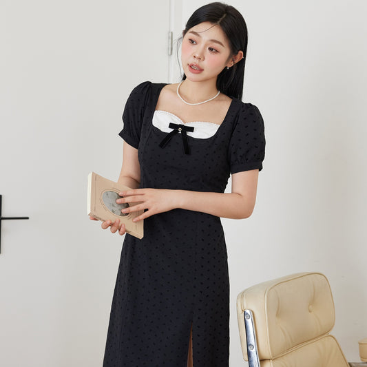 Bubble Sleeve Black Floral Bow Plus Size Dress