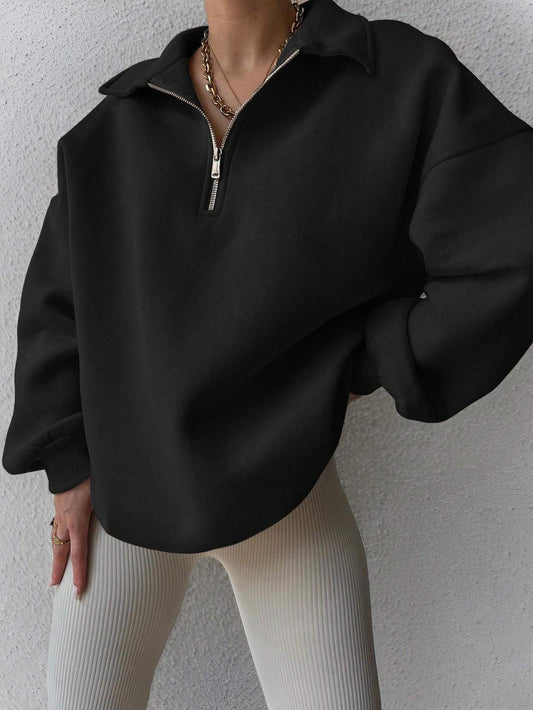 Elegant Plain Front Zipper Long Sleeve Simple Hoodie For Women's