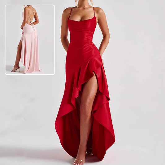 Backless Ruffles Irregular Dress Summer Fashion Evening Party Club Split Suspender Maxi Dresses Clothing