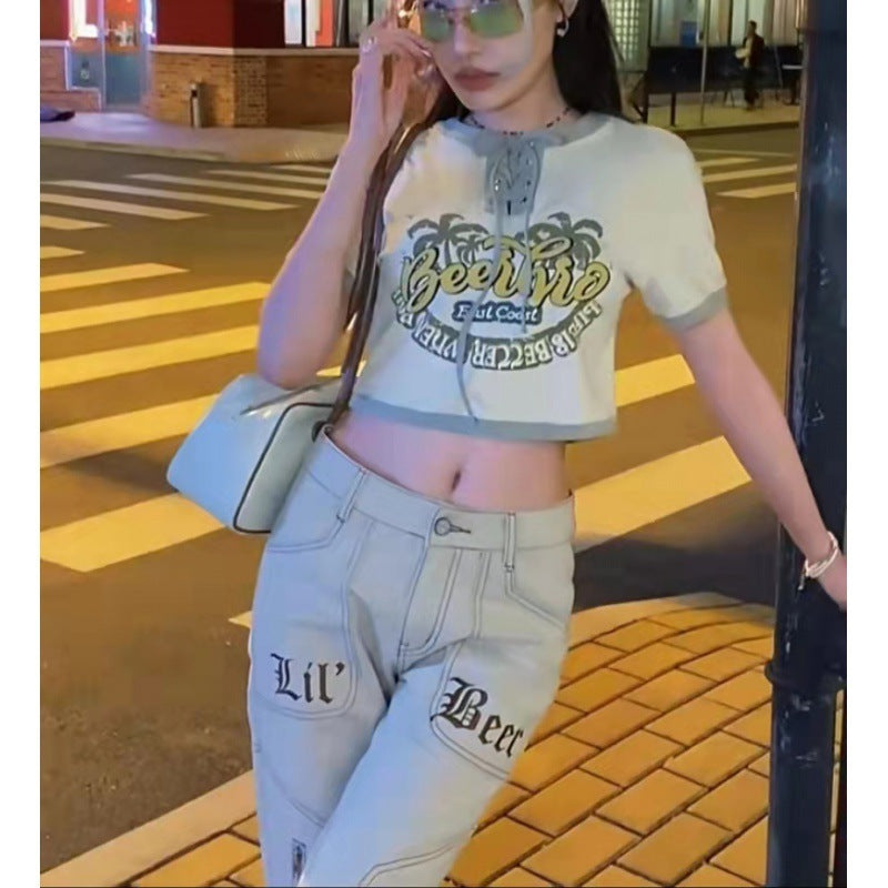 Late Night Flex – Street Cool, Lit Looks Vintage Embroidered Zip Fly Khaki Jeans For Women