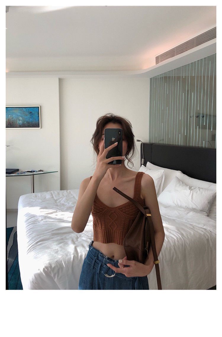 Boho Knit Crop Cami | Trendy Ribbed Bralette Versatile Sleeveless Fried Dough Twists Underlay Korean Top