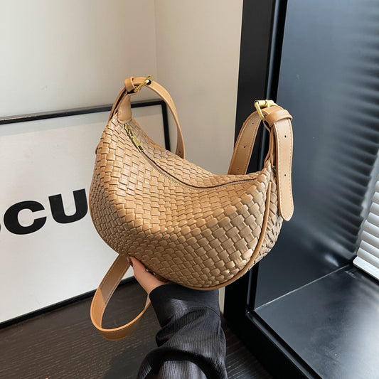 Woven Crescent Shoulder Bag – Casual Textured Sling in Neutral Tones Dumpling Bag Casual Crossbody Shoulder Bag For Women's