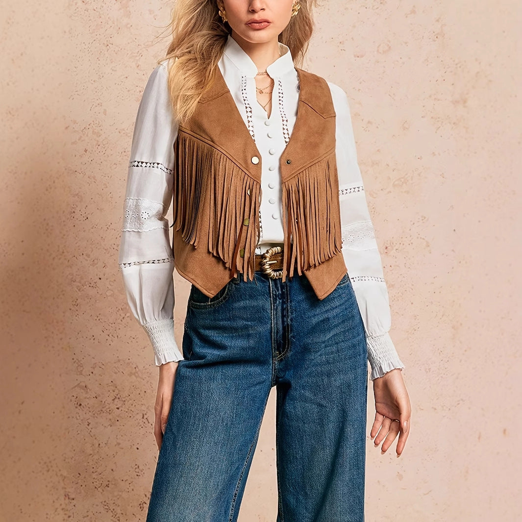 Solid Color Casual Retro Tassel Decoration Front Metal Button Vest Jacket