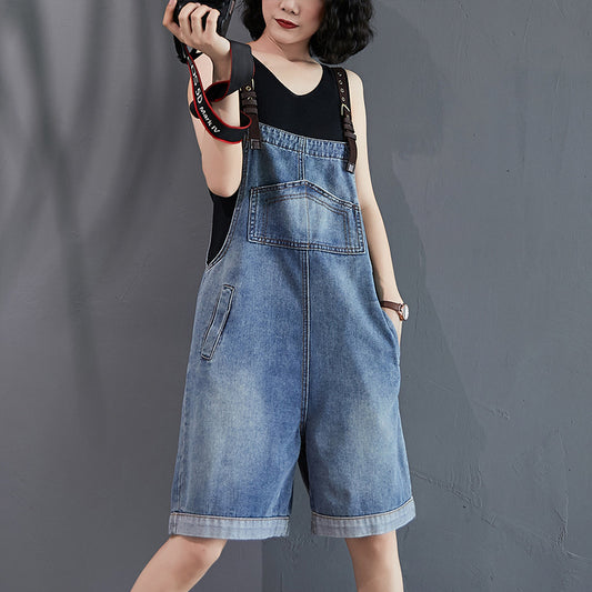 Retro Loose Denim Overalls Shorts For Women's