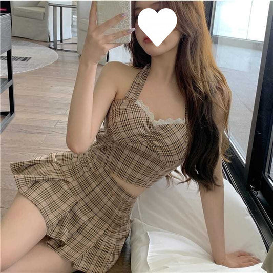 High Waist Pleated Mini Skirt with Matching Bralette Top Retro Plaid Strap Tank Top Women's Top Set