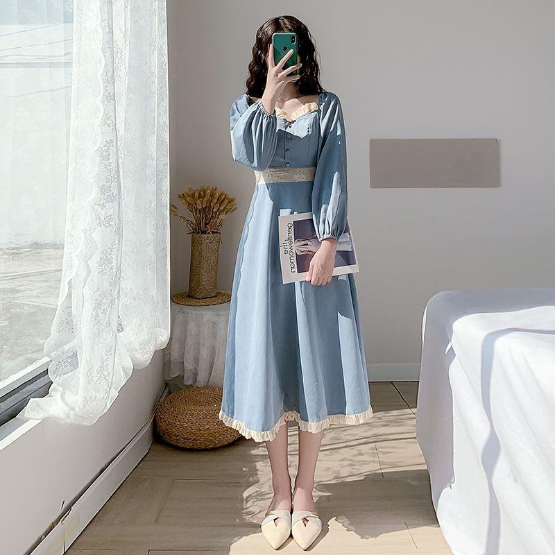 Elegant Vintage Style Long Sleeve Midi Dress French Retro Square Collar Dress