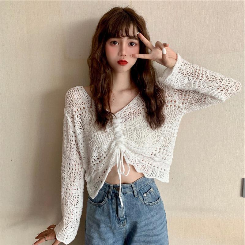 Trendy Open-Knit Tie-Front Cardigan | Sheer Crochet Style Jumper Top New Korean Style Loose V Neck Drawstring Crop Top