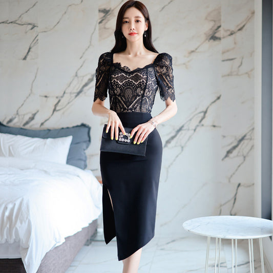 Korean Style Slim Lace Top Slit Professional Package Hip Skirt Short Sleeve Black
