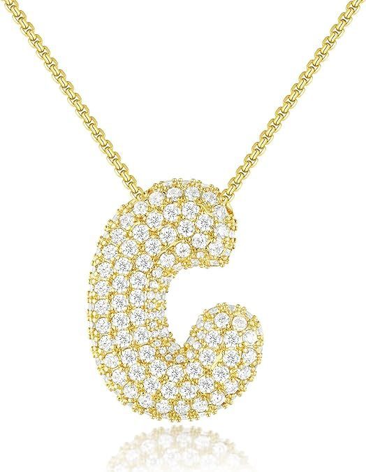 Custom Initial Necklace | Sparkle Alphabet Pendant Brass Zircon Balloon English Letter Necklace