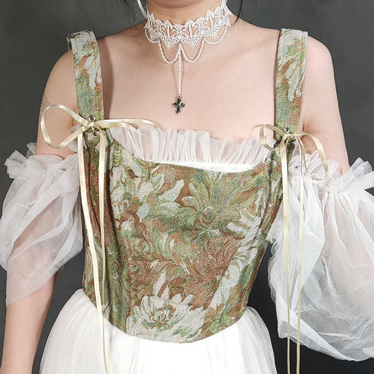 Vintage Cropped Tie-Up Print Corset Top For Women's