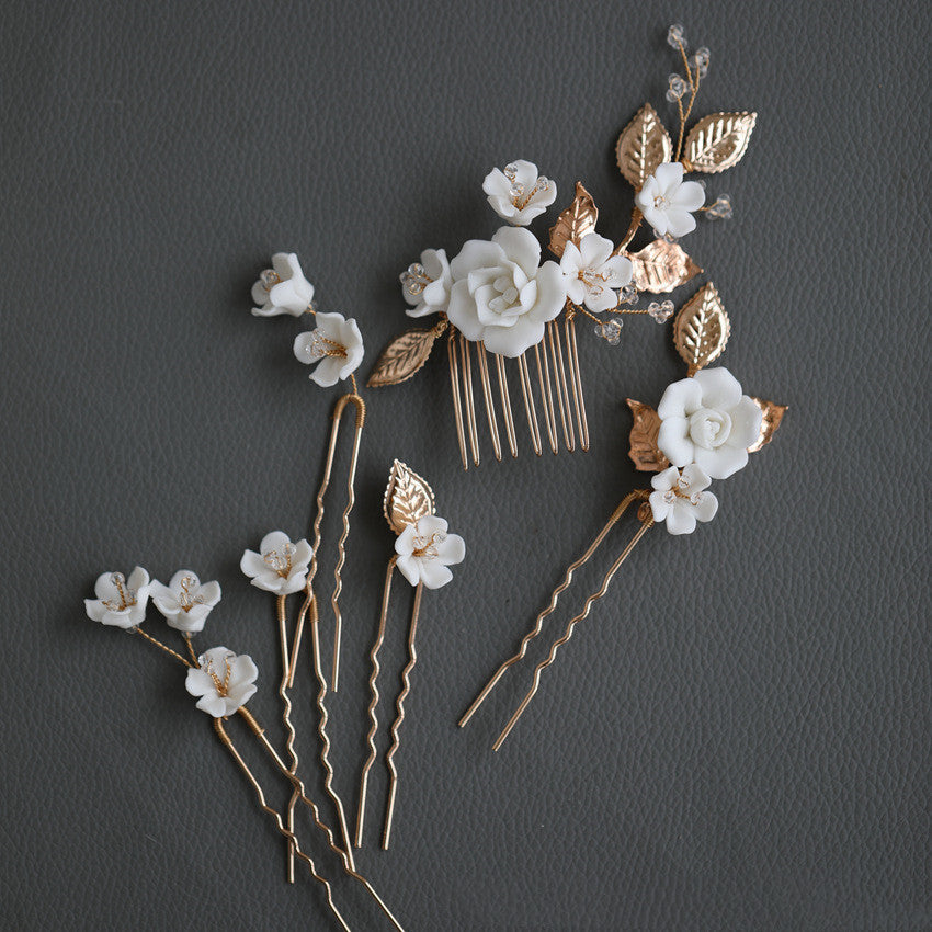 Delicate Porcelain Flower Wedding Hair Accessories Handmade Beaded Ceramic Flower Hair Accessories