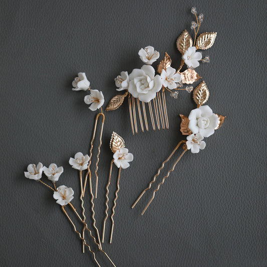 Delicate Porcelain Flower Wedding Hair Accessories Handmade Beaded Ceramic Flower Hair Accessories