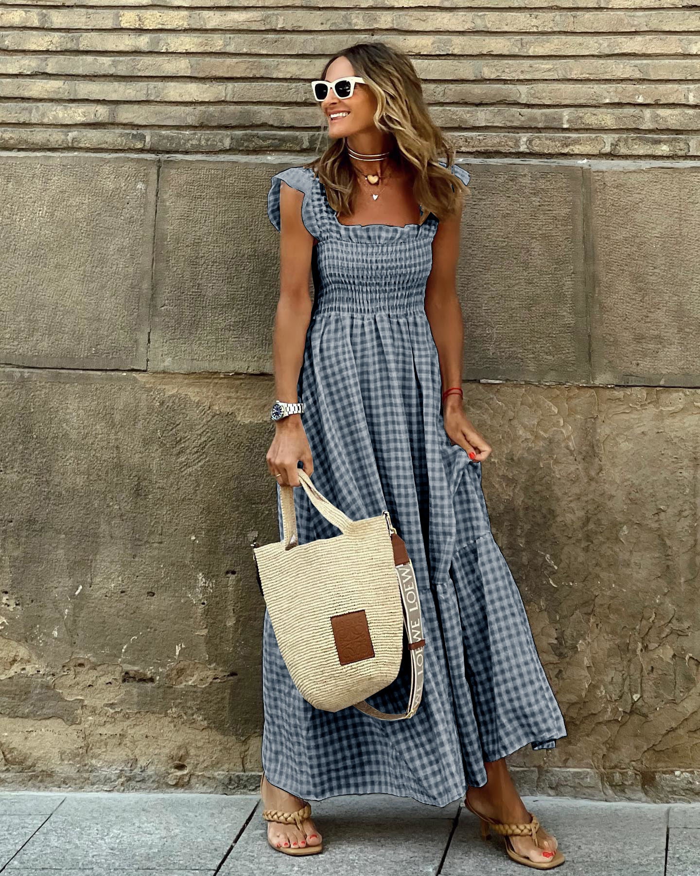 Gingham Smocked Maxi Dress – Effortless Charm in Every Color Summer Plaid Print Pleated Ruffle Dress INS Fashion Sleeveless A-line Swing Beach Dress Women's Clothing
