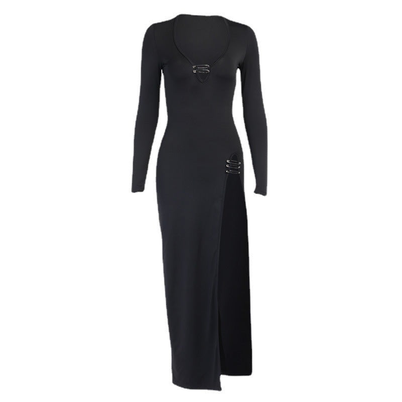 Black Versatile Slit Bodycon Dress Split Pin Long Dress For Women's
