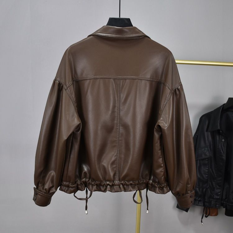 Korean Retro Bf Style Loose Black Leather Jacket For Women's