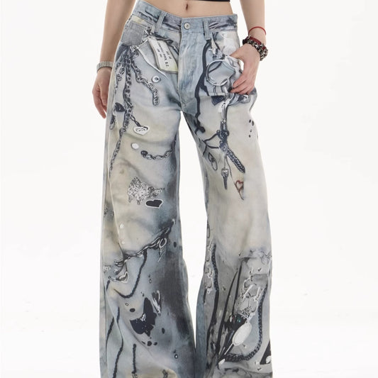 Multi-pocket Wide Leg Jeans Straight Casual Pants