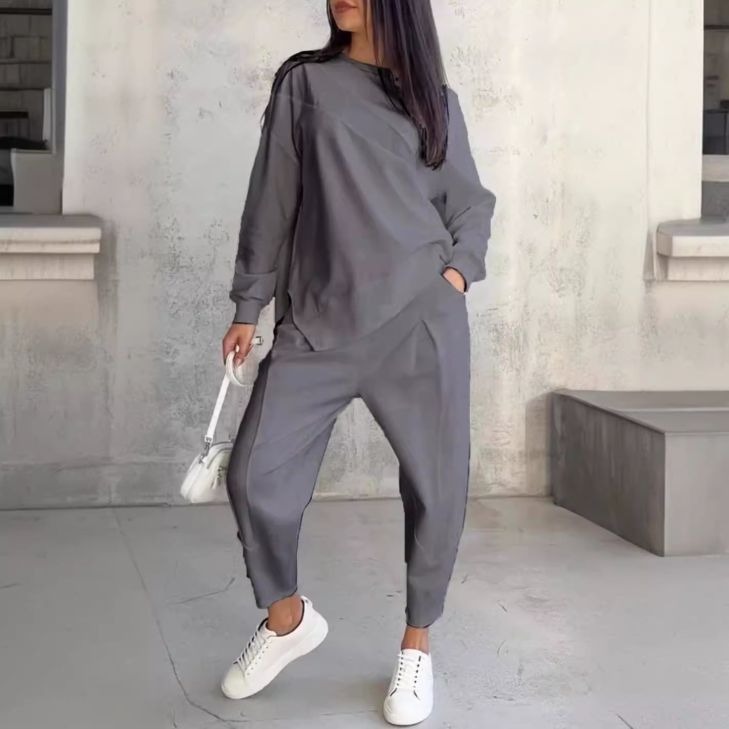 Slouchy Luxe Lounge Set – Crewneck Top + Tapered Joggers Women's Round Neck Loose And Irregular Long-sleeve Sweater Set