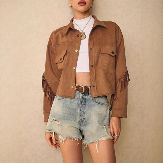 Solid Color Shoulder Down Long Sleeved Tassel Trimmed Casual Jacket