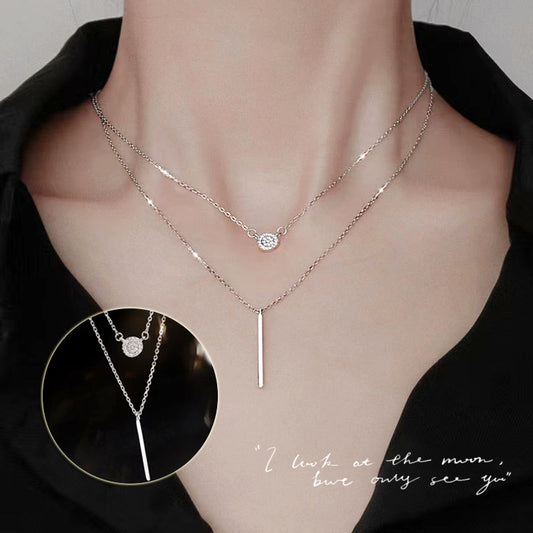 Multi-Layered Silver Tone Dainty Necklace with Bar & Round Pendants Silver Color Double Chain Long Stick Micro Pave Zircon Round Pendant Necklaces For Women Trendy Jewelry