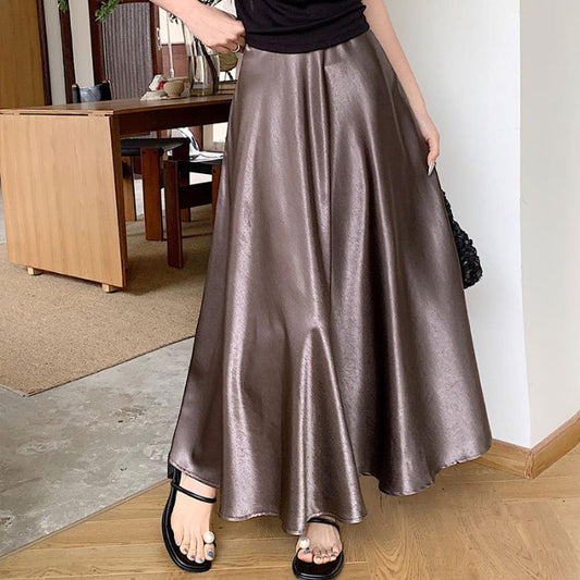 Casual All-match Acetate Satin Draped Solid Skirt