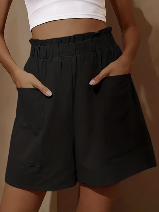 Loose Wide Leg Cotton Material Pocket Solid Elastic High Waist Shorts