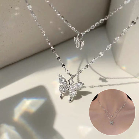 Sparkling Crystal Butterfly Double Chain Necklace Fashion Jewelry Double Butterfly Necklace Gold Plated Butterfly Pendant Engagement Necklaces For Women Animal Jewelry Anniversary Gift