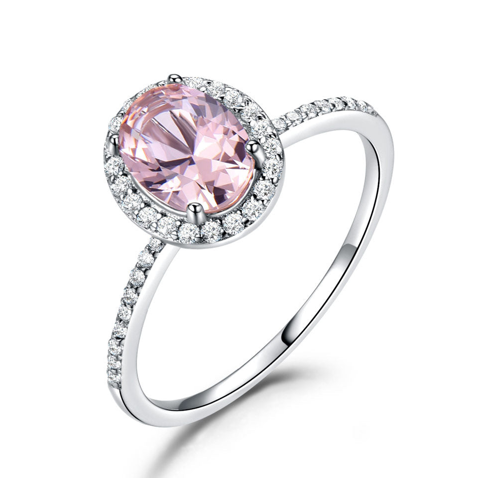 Oval Cut Gemstone Halo Ring with Pave Sterling Silver Band Classic  Morganite Ring Female Jewelry