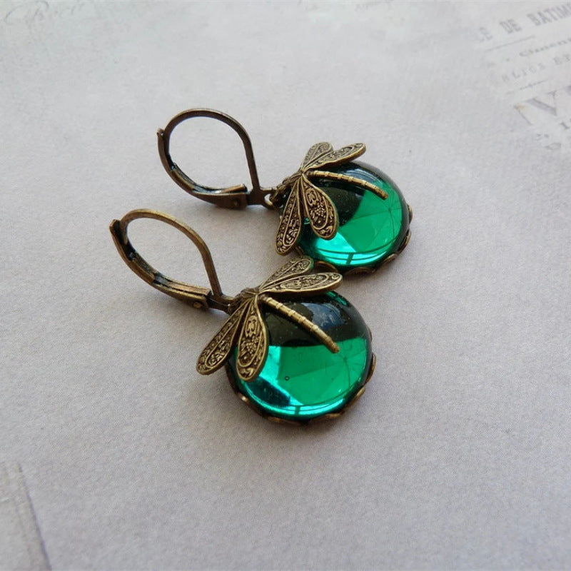 Vintage Inspired Dragonfly Dangle Earrings with Iridescent Cabochons