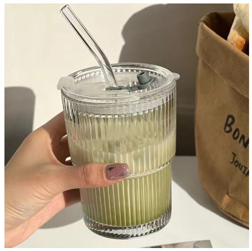 Aesthetic Striped Glass Cup for Cold Drinks Wind Stripe Coffee Mug With Straw With Lid Glass Handy Mug