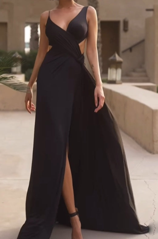 Sexy Cut Out Ruched Split Long Sleeveless Maxi Dress
