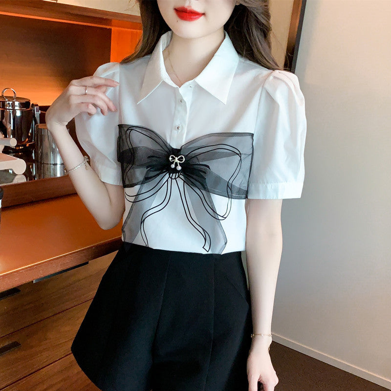 Lapel Bow Mesh Patchwork Top