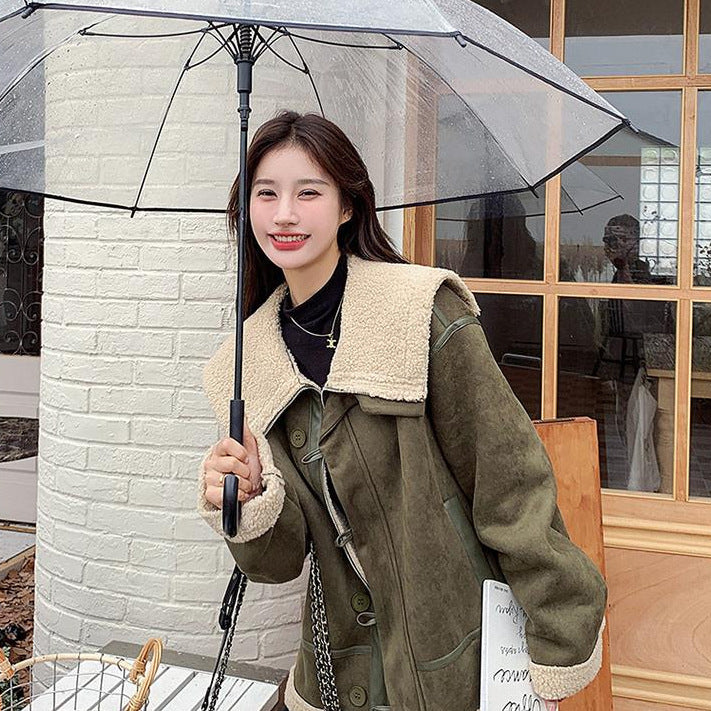 Korean-style Retro Green Suede Lambswool Coat Women's