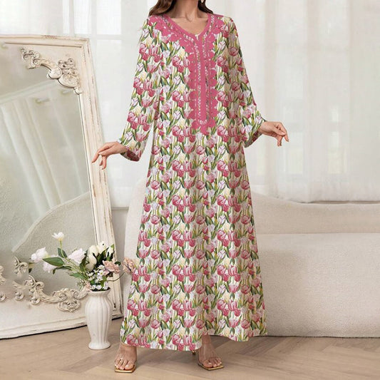 Elegant Pink Floral Print Maxi Dress Vacation Style Long Sleeve A-line Flowy Dress